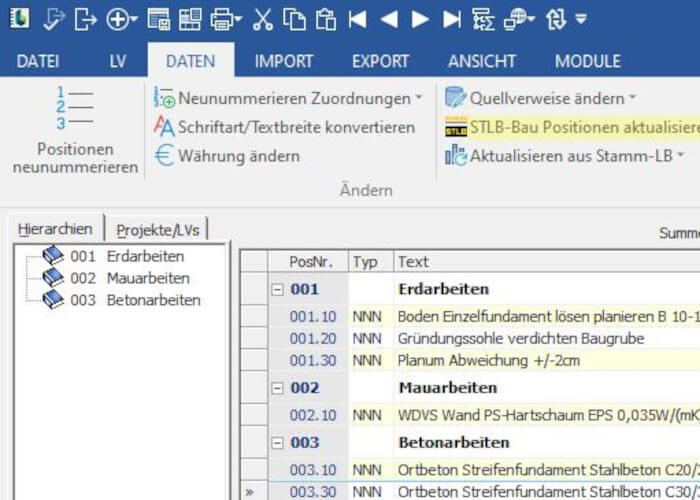 STLB-Bau Positionen und DBD BauPreise sind in BECHMANN AVA schnell und einfach aktualisierbar