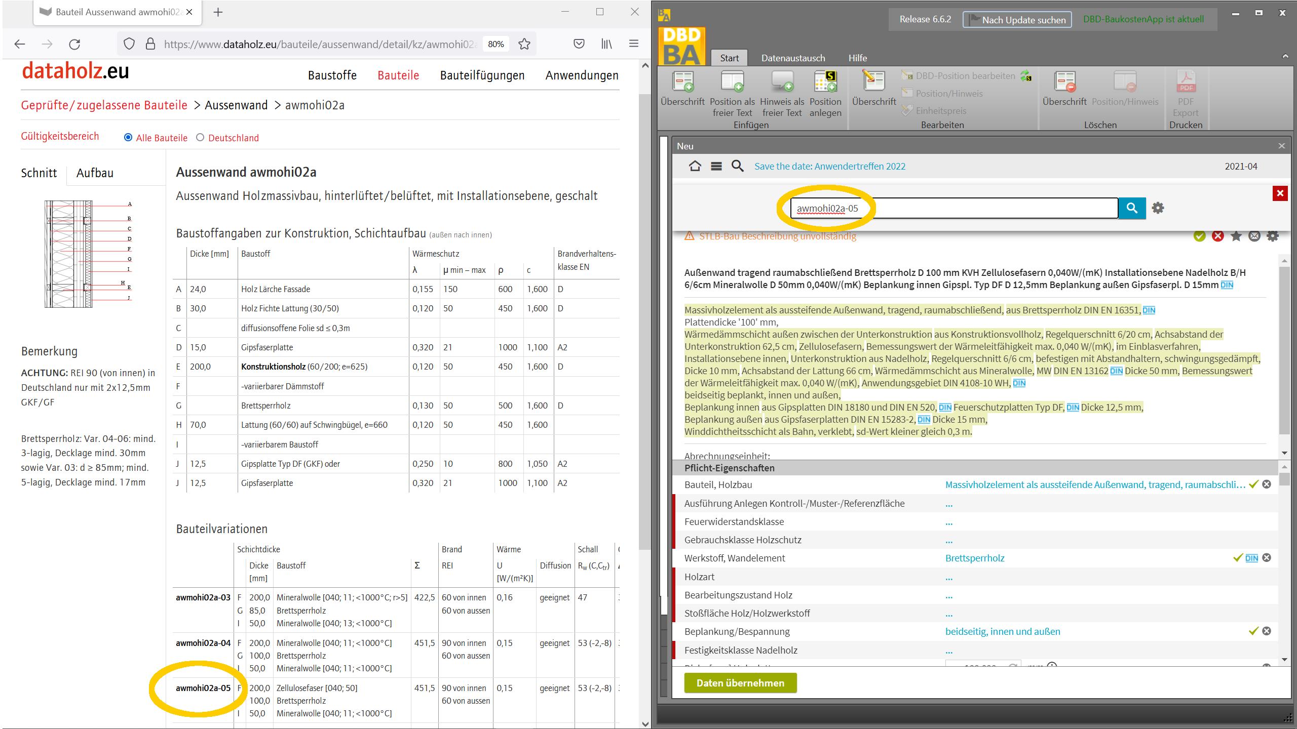 In der Abbildung ist links die Webseite dataholz.eu und rechts STLB-Bau (in der DBD-BaukostenApp) dargestellt. Auf Basis des Dataholz-Schlüssels kann der passende Text für das entsprechende Holzbauteil gefunden werden.