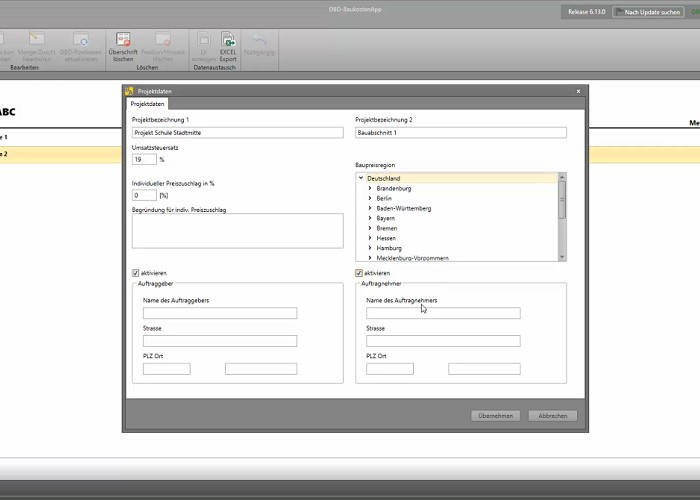 DBD BaukostenApp Projektdaten eingeben